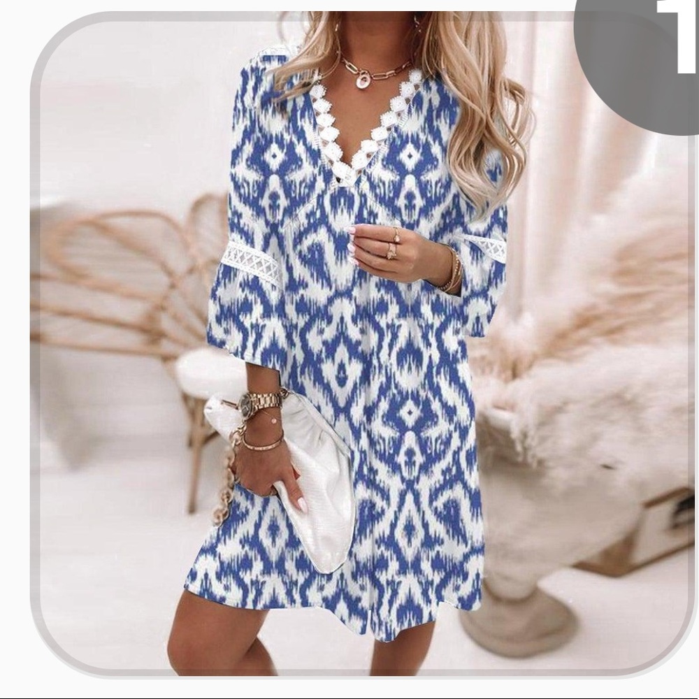 Blue & White Aztec Print Eyelet Dress